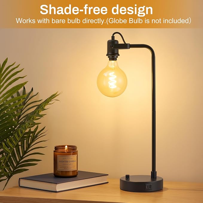Black Table Lamp Set of 2 with USB A and C Ports, 180° Adjustable Stepless Dimming Bedside Lamps for Night Stands, E26 LED Bulb Included, Industrial Desk Lamps for Home Office, Bare Bulb Compatible