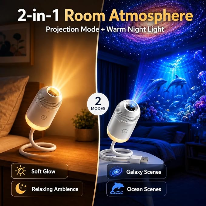 Hd Smart Dynamic 5d Holographic Night Light Projector, 2027 Upgraded Plug and Play Hd Star Projector, 360° Adjustable Hd Galaxy and Ocean Projector for Bedroom Ceiling (24 Projection Films)