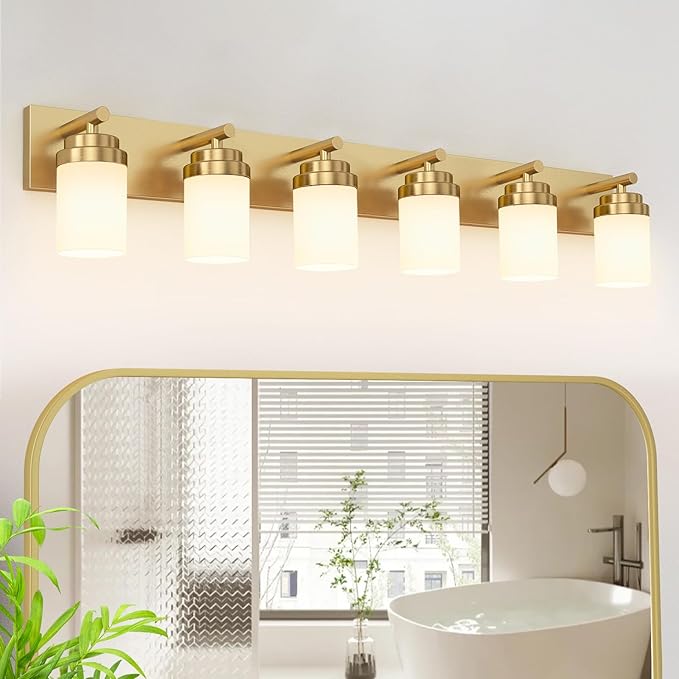 IZORRO Bathroom Vanity Light Fixture, 6-Light 46 Inch Gold Bathroom Light Fixtures Over Mirror, with White Glass Shade, Modern Farmhouse Vanity Lights, Rustic Restroom Lighting Fixtures