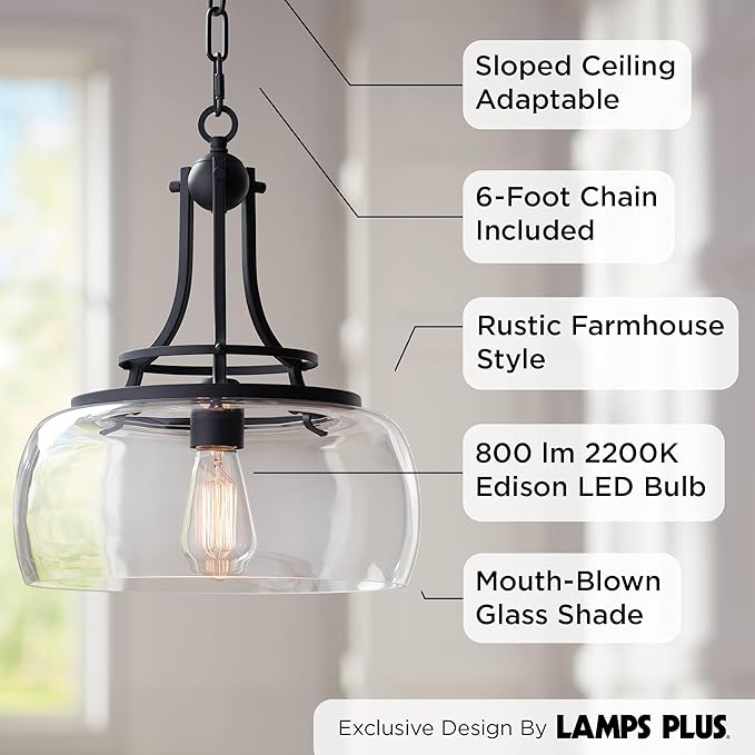 Charleston 13 1/2" Wide Black and Clear Glass Pendant Light Light Fixture | Lighting Industrial Farmhouse Rustic LED for Dining Room House Foyer Kitchen Island Entryway Bedroom High Ceilings