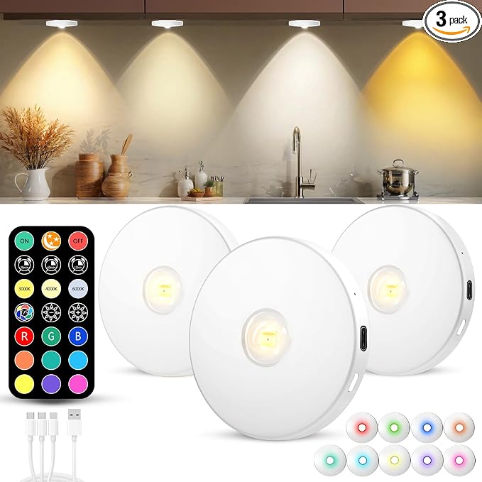 Puck Lights with Remote, 2000mAH Battery Operated, Rechargeable Shelf Light, Wireless,Color Changing Magnetic Light, Display Curio Cabinet,Bookcase,Under Cabinet Lighting (White, 3PACK)