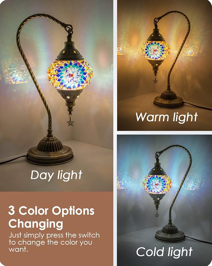 Yarra-Decor Turkish Moroccan Lamp with Bronze Base 3 Color Options Handmade Swan Neck Mosaic Glass Bedside Lamps for Bedroom (LED Bulb Included)(Blue1)