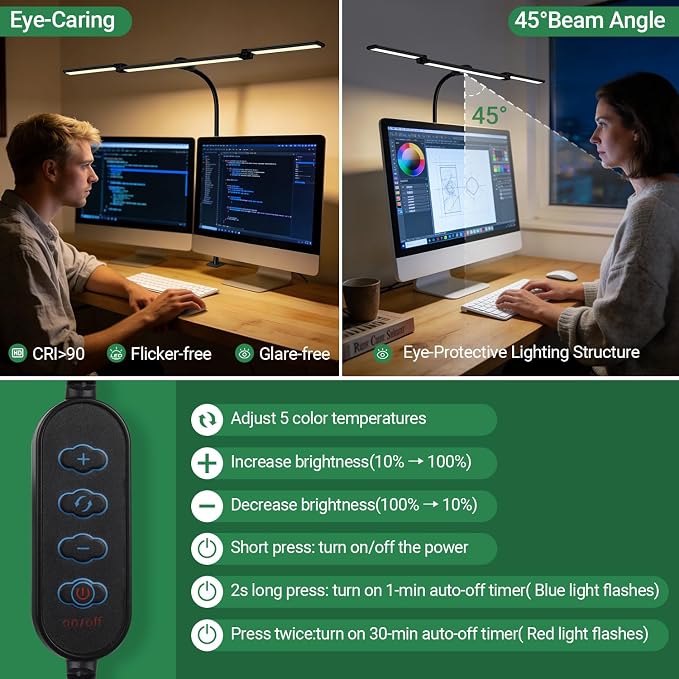 LED Desk Lamp for Home Office,3 Lamp Bars, 5 Color Temperatures & 10 Dimming Brightness, Flexible Neck, 15W USB Adapter Desk Light with Clamp for Reading, Study, Craft (Black)