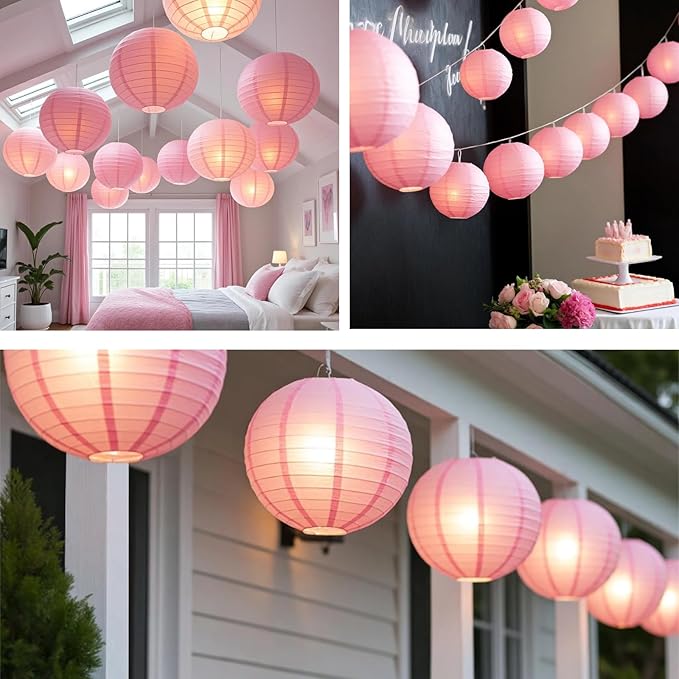 Chinese Paper Lanterns - Pack of 10, 12-Inch Pink Hanging Lights for Birthday Party Decorations, Ceiling Decor, Rainbow Classroom, Wedding, and Home Party