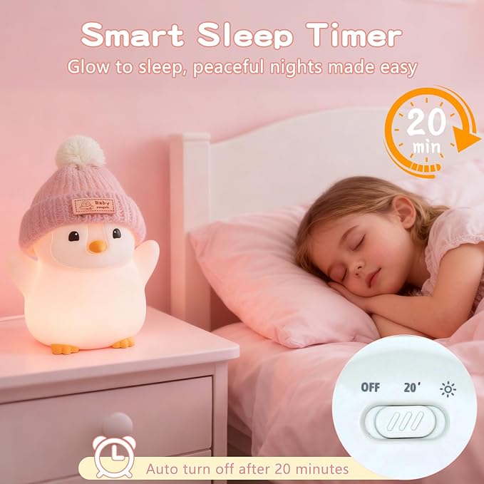 FAMIDUO Penguin Night Light for Kids,Pink Penguin Lamp with Knit Hat | Squishy Silicone,Rechargeable Dimmable Timer LED Bedside Lamp,Cute Animal Nightlight for Nursery,Gift for Boys Girls Toddlers