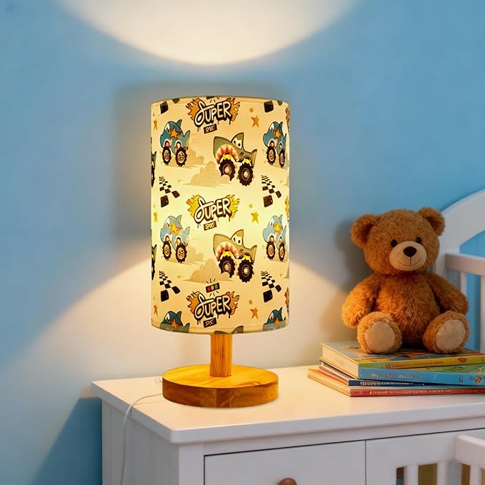 Shark Night Light Lamp for Boys Bedroom - 3-Way Dimmable Nursery Lamp with Wood Base & Linen Shade, Boho Kids Room Decor, Safe Baby Gift for Boys, Toddlers,Nursery, Teens