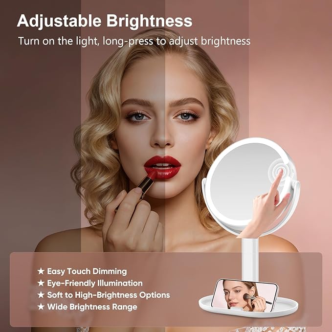 Lighted Makeup Mirror with 10X Magnification, Rechargeable LED Magnifying Vanity Mirror with 3 Lights, Adjustable Height, Storage Base and Phone Holder, White, 8 inch