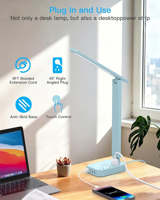 LED Desk Lamp, Power Strip with 4 USB 3 Outlets, Dorm Room Essentials, Blue | One Beat 4 Modes 5 Level Brightness Touch Lamp, Small Desk Lamp for Home Office College Dorm Essentials, Study Reading Light