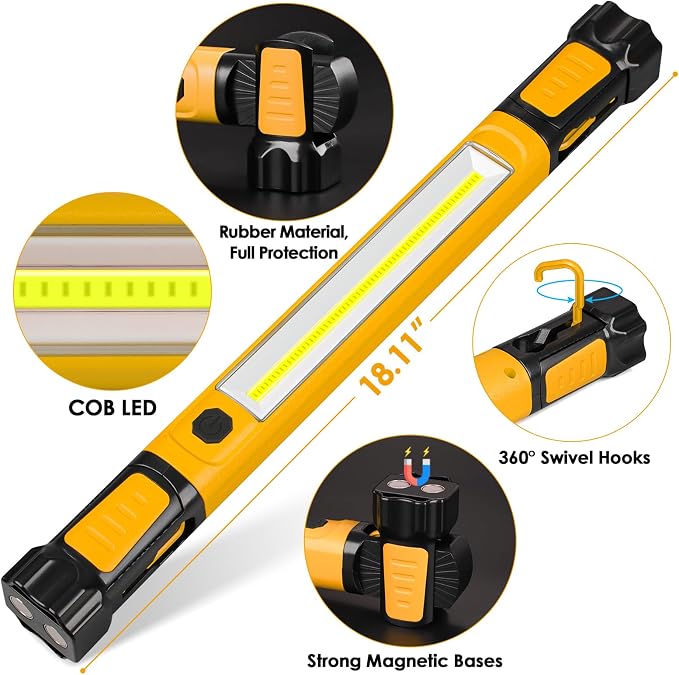 Work Light, 2500LM Bright LED Work Lights, 5200mAh Rechargeable Magnetic Underhood Work Light Bar with Hooks, Cordless Portable Work Lights for Mechanics for Car Repairing/Garage/Workshop/Emergency | 2 Brightness, 4-10H Runtime,Rechargeable, Magnetic B...