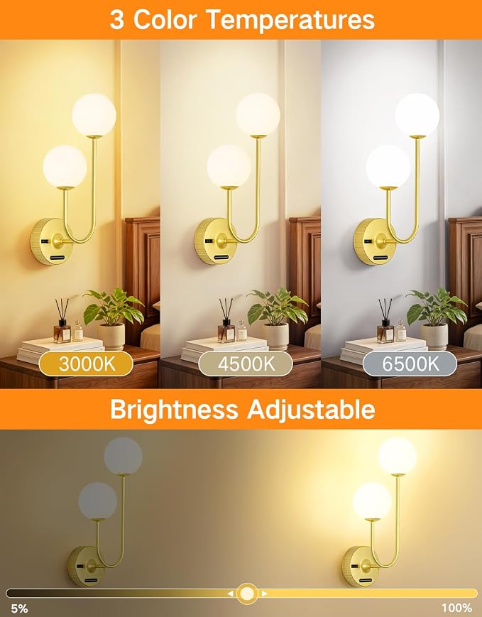 OUTON Gold Battery Operated Wall Sconce, 8000mAh Rechargeable Wireless Wall Light with Detachable Battery, Remote & Touch Control, 3 Color Dimmable Wall Mounted Light for Bedroom Living Room Bathroom