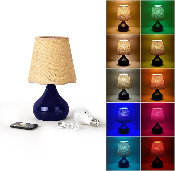 Cordless Table Lamp Rechargeable, Navy Blue Mini Bedroom Lamps for Bedside Nightstand, Rattan Shade Small Table Lamps for Small Spaces for Kitchen Counter, Bookshelf, Home Office, Living Room, Dorm
