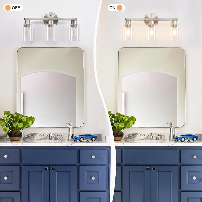Bathroom Light Fixtures 3-Light Bathroom Vanity Light Brushed Nickel | Stainless steel body, Clear glass shade, E26 scoket, Anti-rust, Easy to install, Vanity lighting fixtures, Over mirror, 18 in