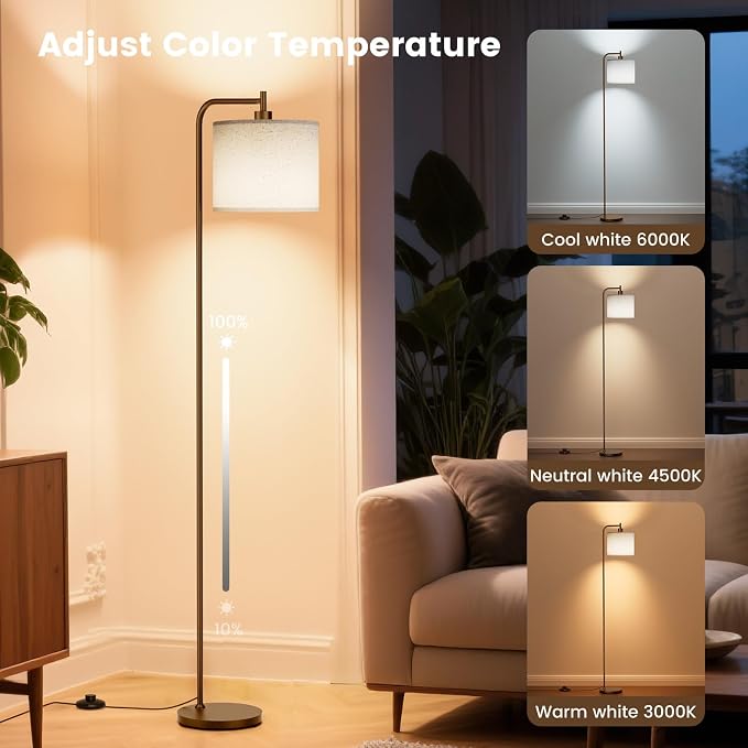 Floor Lamp for Living Room, Tall Standing Lamp with Linen Shade | Dimmable with Remote Control, 3 Color Temperatures, 9W LED Bulb Included, Ideal for Bedroom, Office and Reading Corner
