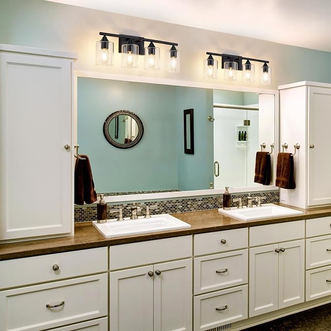 4-Light Bathroom Light Fixtures,Black Bathroom Vanity Light,Bathroom Lights Over Mirror with Clear Glass Shade,Modern Sconce Wall Lighting for Mirror Bedroom Vanity Hallway
