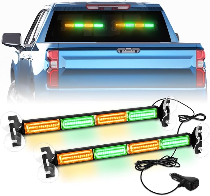 Emergency Dash Strobe Lights Warning Hazard Safety Front/Rear Interior Windshield Lights w/Suction Cups Deck Split Mount for Vehicles Trucks Volunteer Vehicles 2x17.7, Amber/Green