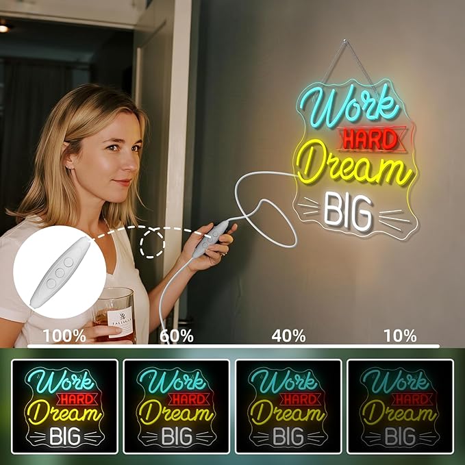 NOSUN Work Hard Dream Big Neon Sign Inspirational slogan personal studio LED Sign Wall Decor Adjustable Brightness Neon Signs USB Connect Neon Light for Bedroom Home Bar Club Hotel Party Decor