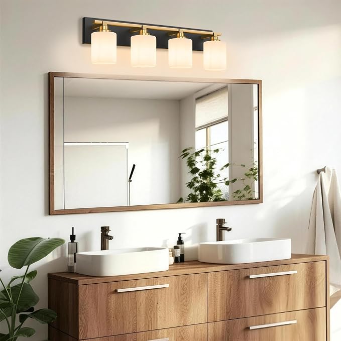 Black and Gold Bathroom Light Fixture, Modern 4 Light Vanity Lights for Bathroom Lighting Fixtures Over Mirror, White Glass Lampshade, Master & Guest bathrooms Bathroom Remodel, 27.5-inch
