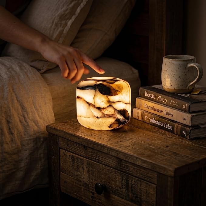 Natural Marble Lamp, Cordless Rechargeable Tap Light, 3-Way Dimmable Ambient Stone Glow Lamp, Portable Zen Decor Gift for Bedroom Desk Shelf