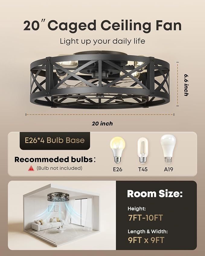 Caged Ceiling Fan with Light and Remote, 20" Low Profile Flush Mount Ceiling Fans with Light, 6 Speed, Timing, Reversible DC Motor, Small Farmhouse Fan Lights for Bedroon Kitchen Living Dining Room