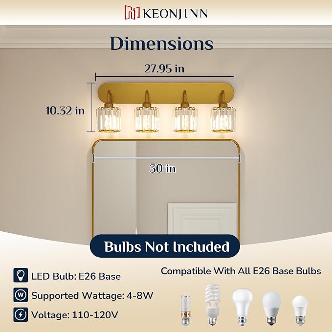 Keonjinn 4-Light Gold Bathroom Light Fixtures Over Mirror, Crystal | Vanity Lighting Fixture with Crystal Square Shades, Dimmable, Modern Style, Compatible with E26 Base LED Bulbs (Exclude Bulb)