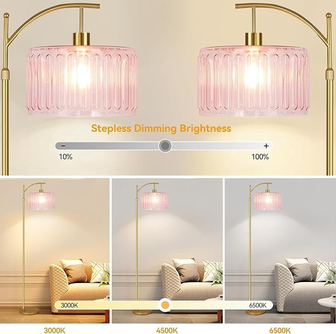 ILLMTW Pink Floor Lamp for Living Room,Bedroom,Gold Dimmable Standing Lamp with Remote,Mid Century Modern Brass Tall Lamp Boho Floor Lamps Arc Stained Glass Flower Floor Light Lamp Girls kids Bohemian
