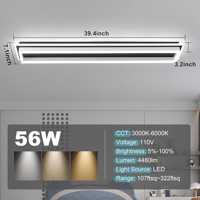 Dimmable Led Ceiling Light with Remote Control Modern Linear Flush Mount Ceiling Lighting Fixture Acrylic Long Ceiling Lamp for Living Room Kitchen Dining Room Hallway (Black&White,39.3inch)