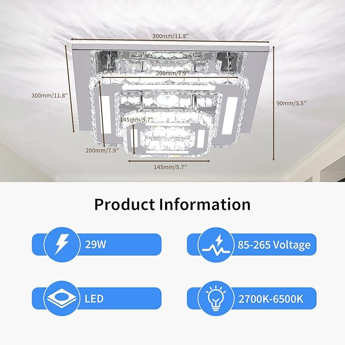 FRIXCHUR Crysta Chandelier LED Crystal Ceiling Light 2 Layers 12 inch Dimmable Flush Mount Ceiling Light Modern Chandeliers Lighting for Bedroom Hallway Staircase Kitchen Closet (3 Colors Change)