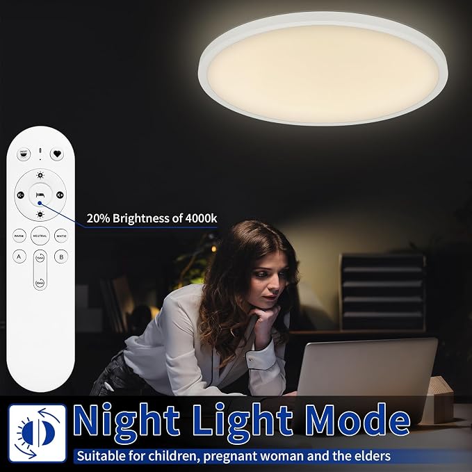 20 inch Dimmable Led Flush Mount Ceiling Light Fixture with Remote Control | 48W 4800LM, Ultra Thin, Modern, Round, White Large Ceiling Lamp for Kitchen Dining Room Bedroom Living Room Home Office