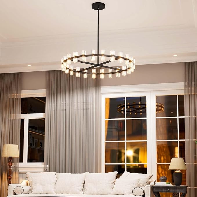 Dia 40" Black Large Wagon Wheel Chandelier, 40-Lights Farmhouse Pendant Light Fixture, Round Rustic Hanging Lighting for Dining Room Kitchen Island Foyer Entryway
