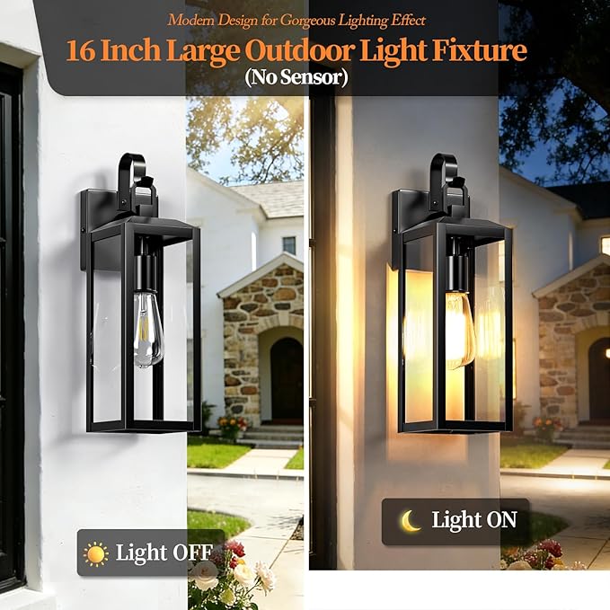 16'' Outdoor Wall Lights 2 Packs, Black Exterior Lighting Fixtures | Large Front Porch Light Outside Lights for House, Waterproof Modern Outdoor Sconce Lanterns, Farmhouse Garage Door Light