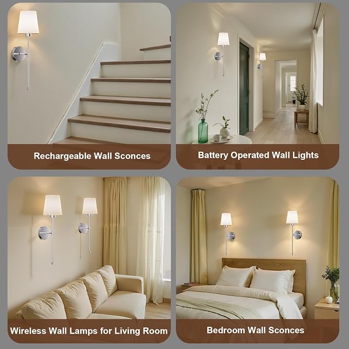 IRONPAX Wall Sconces Battery Operated Set of 2, Wireless Rechargeable Wall Sconce Set of Two, Dimmable Wall Lights with Remote for Bedroom Living Room Hallway Decor (Brushed Nickel, Fabric Shade)