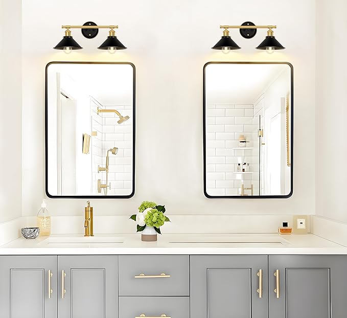 Licperron Farmhouse 2-Light Black Gold Vanity Lights Fixtures, Black and Gold Bathroom Lights Over Mirror with Metal Shade, Industrial Wall Sconces Lighting for Kitchen, Bedroom and Hallway
