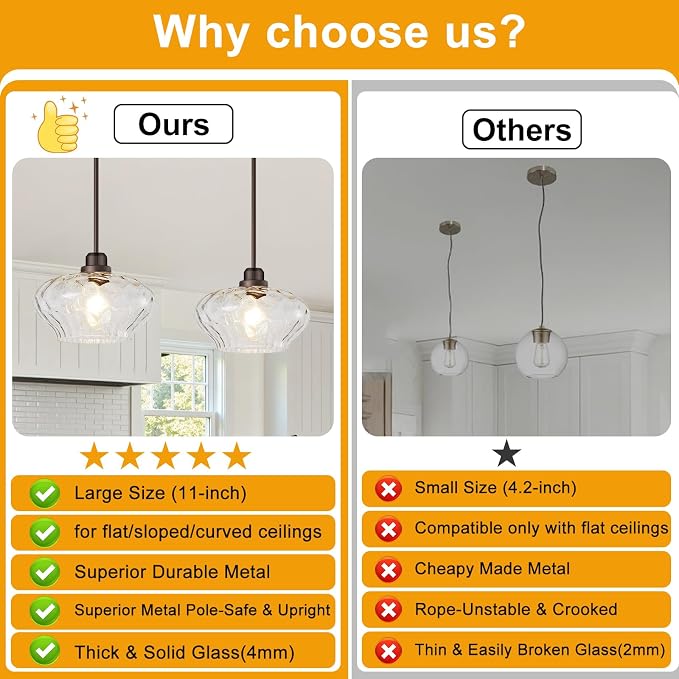 Modern Pendant Lights Kitchen Island, Oil Rubbed Bronze Pendant Light Fixtures with 11" Clear Hammered Glass Shade, Industrial Hanging Pendant Lights Fixture for Kitchen Island Dining Room Foyer