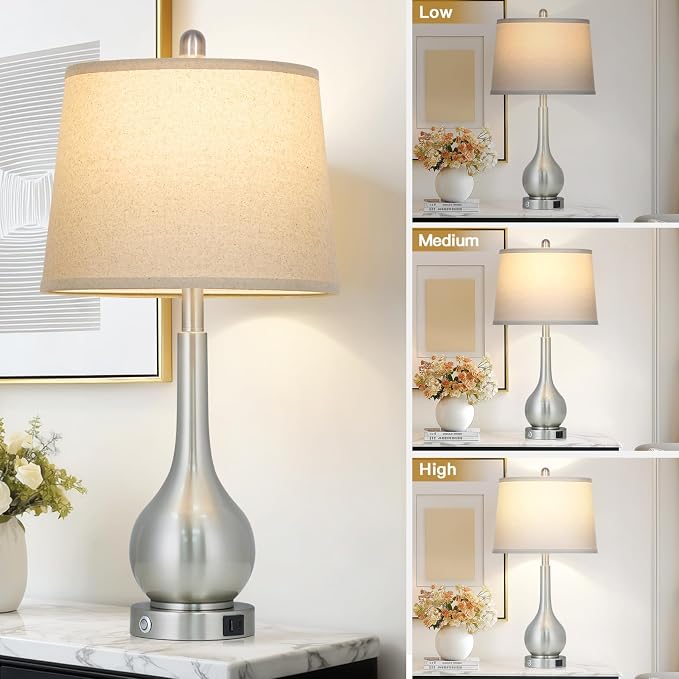 26" Silver Table Lamp for Bedroom, Touch Control Bedside Lamp for Nightstand with Charging Port, 3-Way Dimmable End Table Lamp for Living Room (1 Pack)