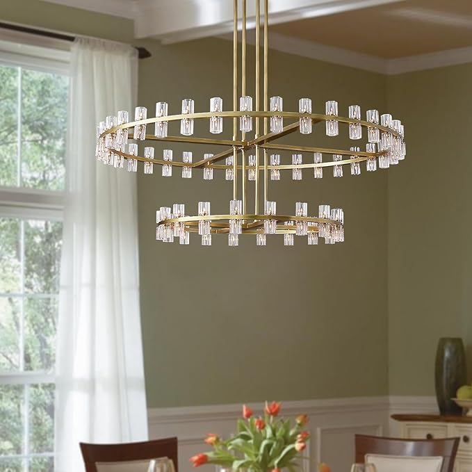 D32''+D40'' Large Gold Wagon Wheel Chandelier 72-Lights Gold Round Chandeliers Glass Chandelier for Dining Room,Living Room Vintage Chandeliers