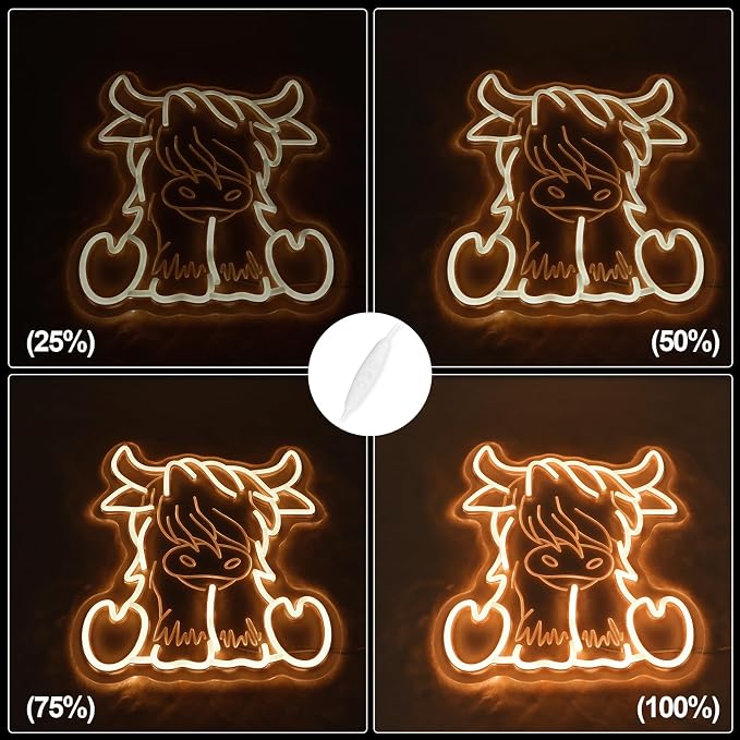 Highland Cow Neon Sign | Dimmable, 11.4 x 12.6 inch, USB Powered, Wall Art Decor, For Room Office Bar Garage,Warm White