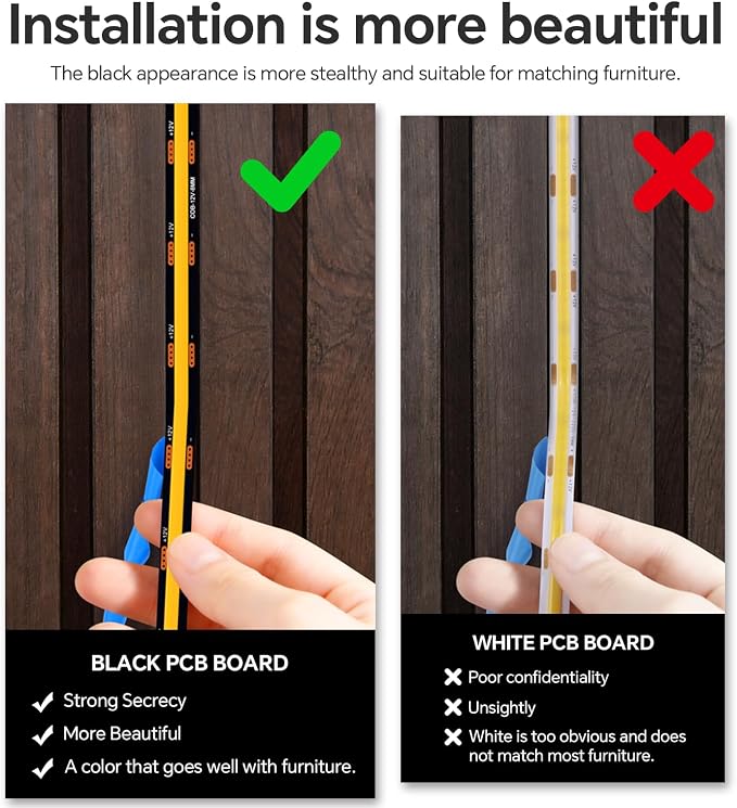 6-in-1 Black PCB COB LED Strip Light 12V Touch Dimable 3.3Ft 3000K | LED Recessed Lighting Self-Adhesive Under Cabinet Light with 36W Adapter for Wood Slat Wall Panels Headboards Cabinet Shelf