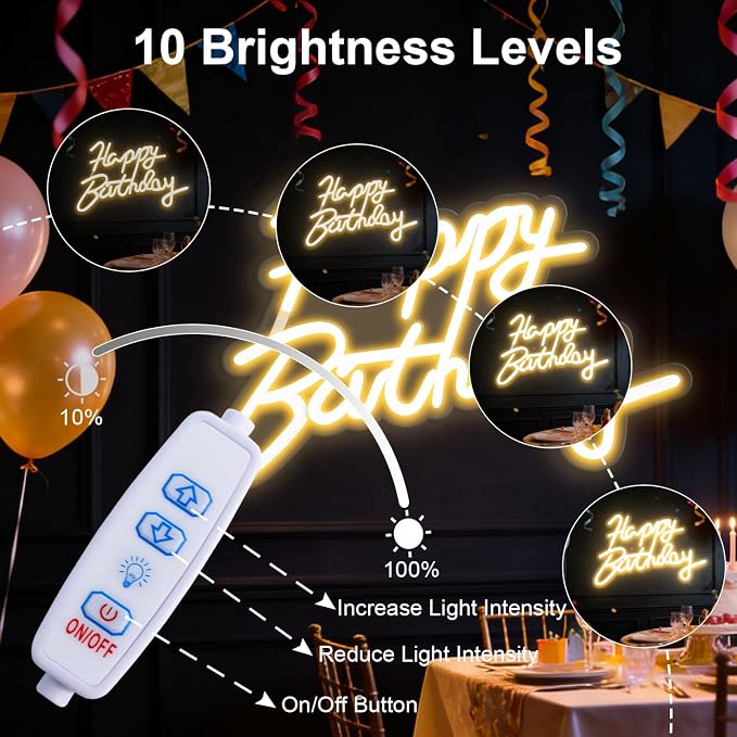 Happy Birthday Neon Sign for Wall Party Decor, LED Happy Birthday Light up Sign for Backdrop, 16"x 11" USB Powered 10 Brightness Settings Light up Signs Party Decorations Backdrop, Warm White