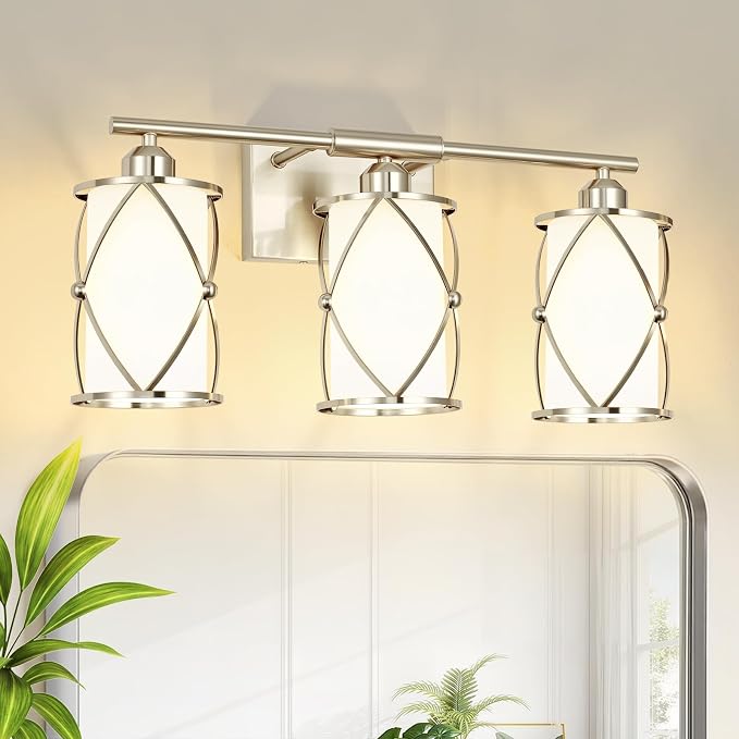 3-Light Brushed Nickel Bathroom Light Fixtures with Milk Frosted Glass, 21" Modern Bathroom Vanity Lighting Fixtures Over Mirror with Metal Cage, Wall Sconce Lights for Bath, E26, CH9176BNW-3W