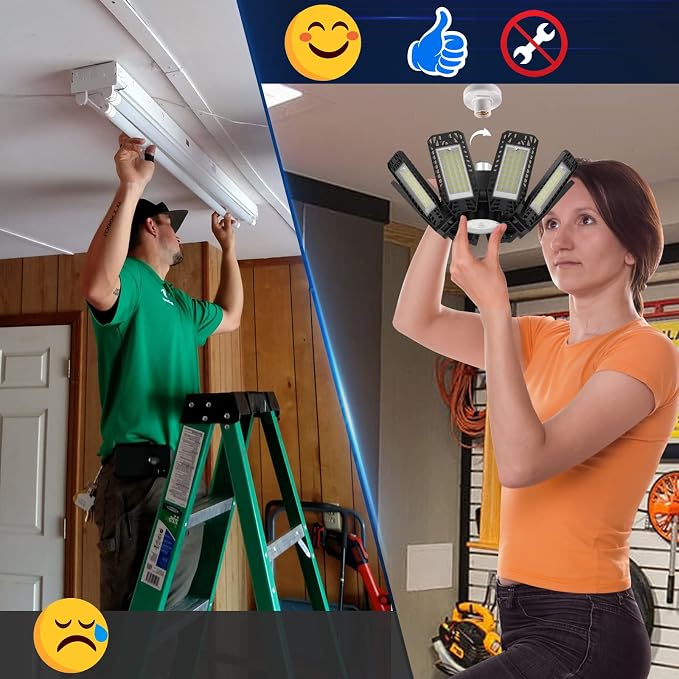 ISKYDRAW Garage Lights 240W 24000LM with 8+1 Deformable Panels, 2 Pack | LED, 6500K Daylight, E26/E27 Socket, CRI 80+, Ceiling Light Bulb for Workshop Workbench Basement Attic