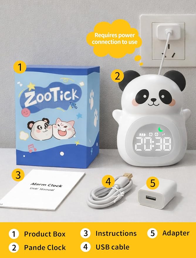 MASHI Panda Kids Alarm Clock with Time to Wake Sleep Trainer White Noise | Sun & moon wake cues, 7-color night light,Snooze， dual alarms and 6 soothing sounds help kids build healthy sleep habits.