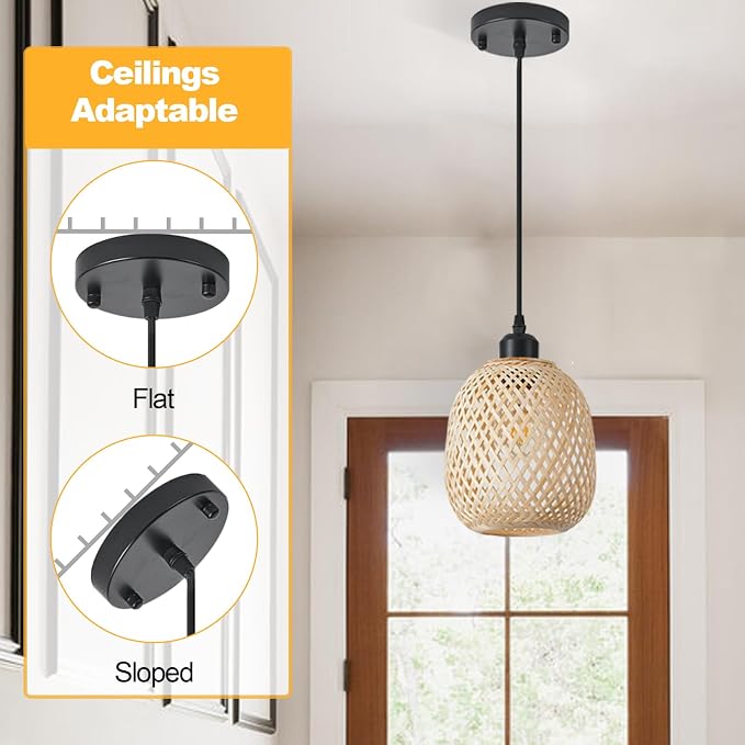 Hanging Light Fixture Set of 2, Mid Century Bohemian Rattan Bamboo Pendant Lighting,Torus Basket Woven Ceiling Chandelier for Kitchen Island Dinning Room Living Room Bedroom Nightstand