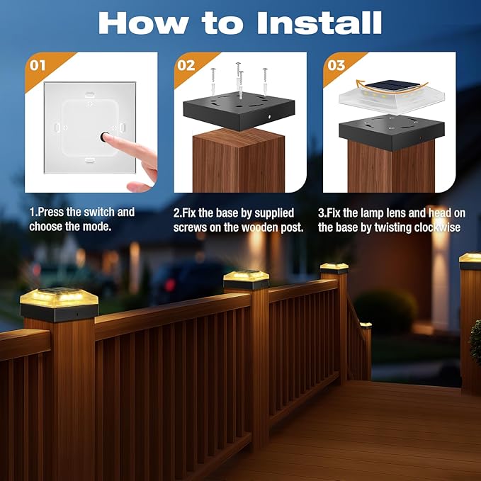 4x4 Solar Post Cap Lights Outdoor 1 Pack, 3 Color Modes/Dusk to Dawn/IP65 Waterproof, Fits 4x4 Vinyl/PVC Wood Posts Top, Black LED Fence Topper Light for Deck, Mailbox