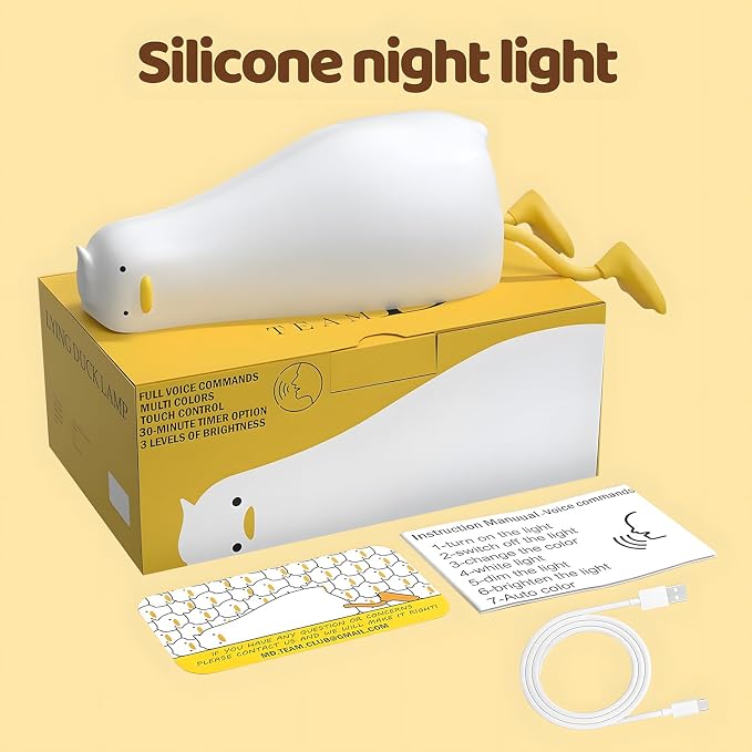Rytinazzz Silicone Night Light for Kids, 50H Long Battery Duck Lamp (Lying), Gift for Kids, Soft Dimmable Bedside Light, Rechargeable Tap Control