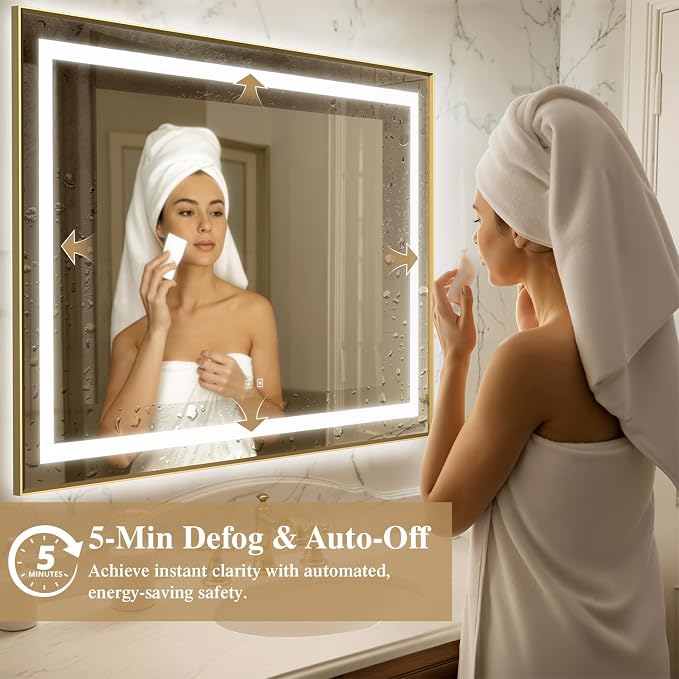 60X36 Inch LED Bathroom Mirror with Lights, Gold Frame Frontlit+ Backlit Bathroom Vanity Mirror for Wall, Ultra-Clear Tempered Glass, Shatter-Proof, Anti-Fog and Memory Function, ETL Listed