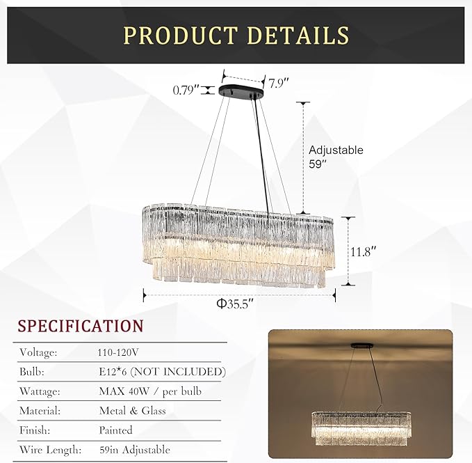 Black Rectangle Chandeliers for Dining Room Modern Crystal Glass Island Light 6-Light Chandelier Luxury Rectangular Linear Hanging Pendant Light Fixture for Kitchen L35.5”