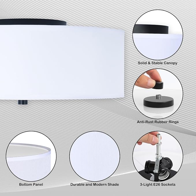 16" Semi Flush Mount Ceiling Light,E26 3-Light,White Drum,Modern | Close to Ceiling Light with White fabric shade,Great for Living Room,Dining Rooms,Bedroom,Kitchen, Bulbs NOT Included