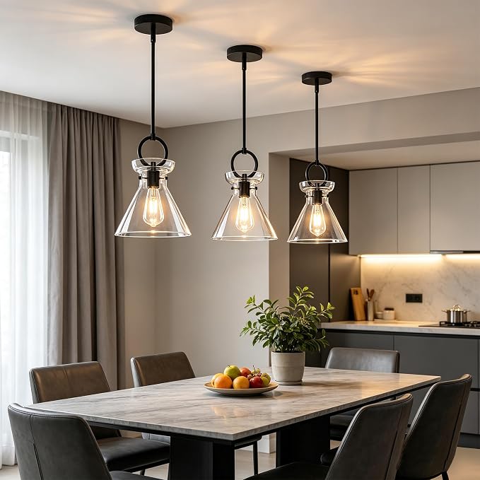 Glass Pendant Lights Kitchen Island Black 9.84'' Clear Glass Shade | Modern Pendant Lighting Over Sink, Adjustable Hanging Ceiling Light, E26 Dimmable Hardwired for Dining Room Hallway, 1-Pack