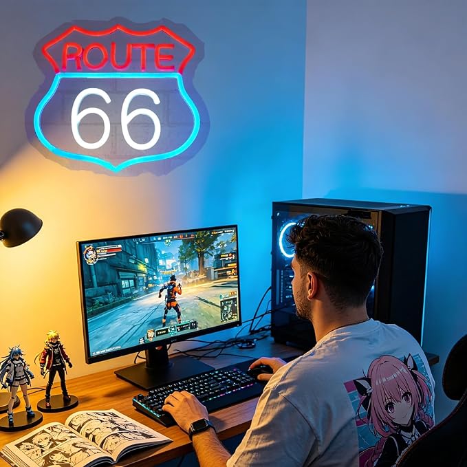 Route 66 Neon Sign, LED Light Room Decor for Bedroom Living Room Gaming Room Man Cave Home Party Birthday for Family Friends Kids