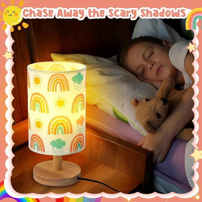 Rainbow Table Lamp for Kids Bedroom - Boho Rainbow Kids Bedside Lamp with Linen Wooden Nightstand Cartoon Nursery Lampshade for Girls Room Decor